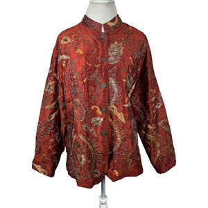 Chicos Red Button Jacket Artsy Asian Floral Embroidered Beaded Silk Size 3 = XL